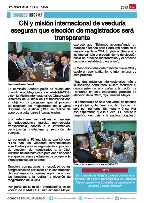CN y misión internacional de veeduría aseguran que elección de magistrados será transparente